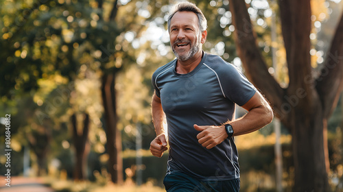 A smiling senior man enjoys a morning run in a sunny park, embodying active aging and fitness