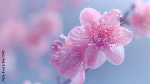   Close-up of a pink flower with dewdrops on petals against a blue backdrop