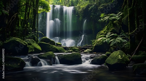 Panorama of a waterfall in the rainforest. Long exposure.