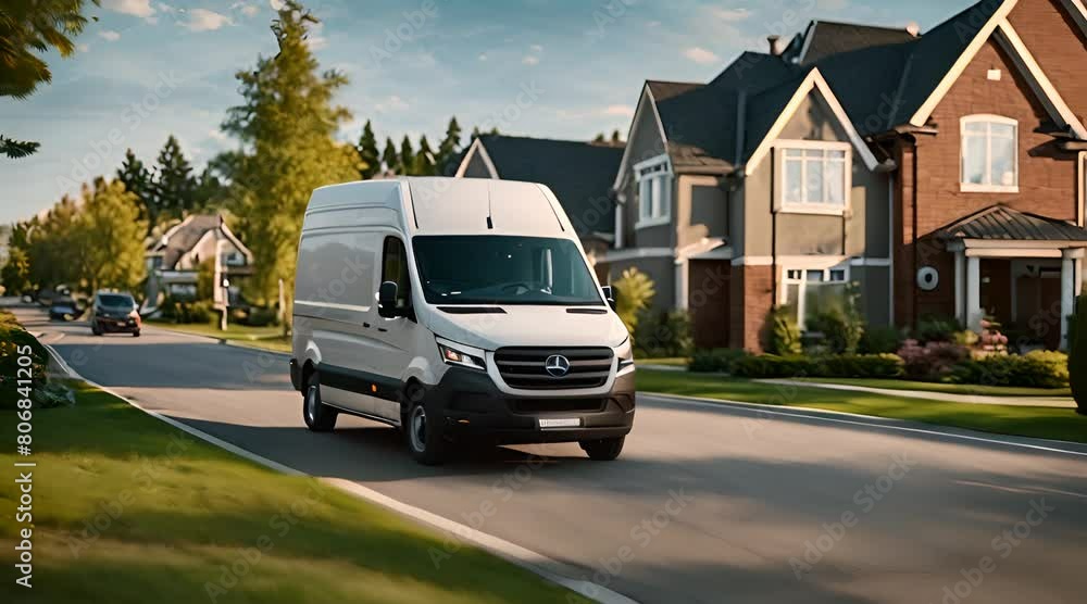 Efficient Postal Delivery: Front View Following Shot of Delivery Van Seamlessly Navigating a Scenic Suburban Town Efficient Postal Delivery: Front View Following Shot of Delivery Van Seamlessly Navigating a Scenic Suburban Town