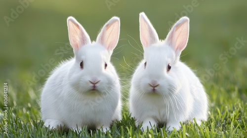  Two white rabbits atop a verdant field, surrounded by expanses of lush green grass