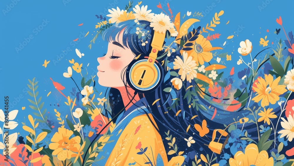 Beautiful girl with long hair in headphones, flowers on her head