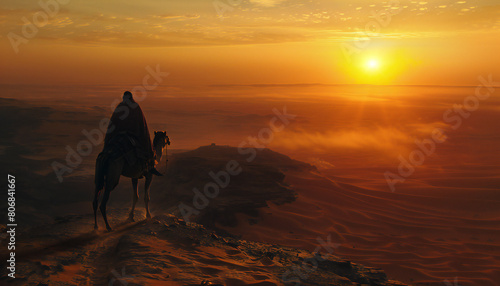 Recreation of tuareg riding in camel through the desert at sunset 