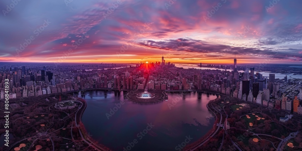 Central Park and Urban Skyline at Sunset: Helicopter View - New York City Panorama, Green Oasis, Urban Architecture Central Park and Urban Skyline at Sunset: Helicopter View - New York City Panorama, Green Oasis, Urban Architecture