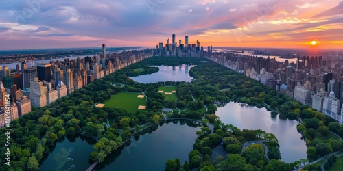 Central Park and Urban Skyline at Sunset  Helicopter View - New York City Panorama  Green Oasis  Urban Architecture