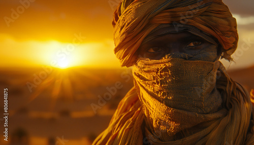 Recreation close up of a young touareg with the face occulted by a veil at sunset in the desert	 photo