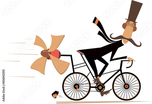 Long mustache man in the top hat rides on the bicycle. Cartoon mustache man in the top hat rides on the bicycle and tries to ride faster using a propeller