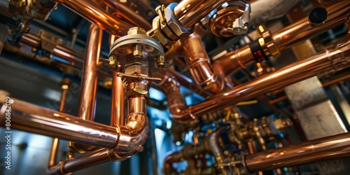 Detailed Copper Plumbing and Valves, Industrial Background, Heating System Infrastructure