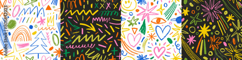 Multi colored seamless pattern collection with pencil drawn doodle shapes and lines.