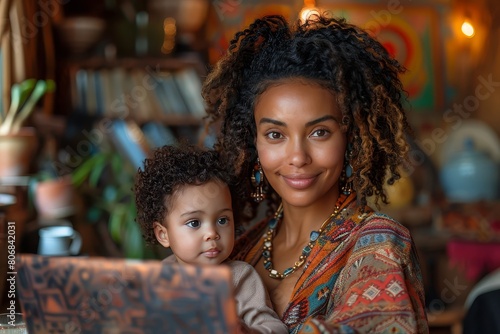 Black woman with her baby working on a laptop at home. The mother has curly hair, wears casual , sits behind an office desk, holding her child's head while looking at the screen. 