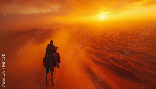 Landscape recreation of touareg in camel in the desert at sunset
 photo