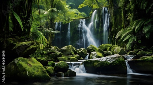 Panorama of a waterfall in the rainforest of New Zealand.