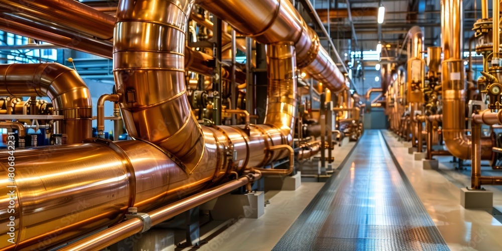 Modern Industrial Boiler Room with Complex Network of Copper Pipelines, Symmetrical Design