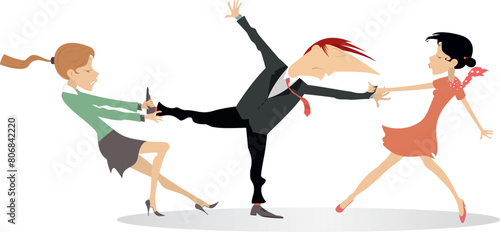 Trouble in love. Two women cannot share a man between them.
Two young women pull the man by hand and leg in different directions. Love couple quarrel and fighting. Love concept illustration
