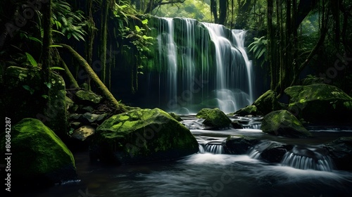 Waterfall in deep rain forest. Panoramic view of beautiful waterfall in deep rain forest.