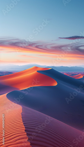 Vertical recreation of dunes in the desert at sunset photo