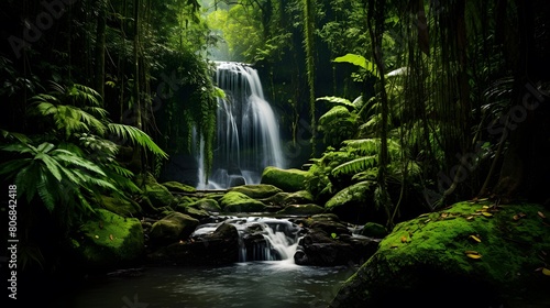 Waterfall in the rainforest. Panoramic view of beautiful waterfall in the rainforest.