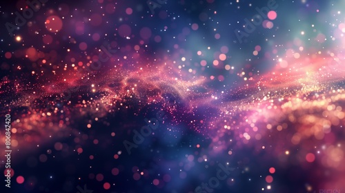 A background of colorful lights and bokeh particles in space.