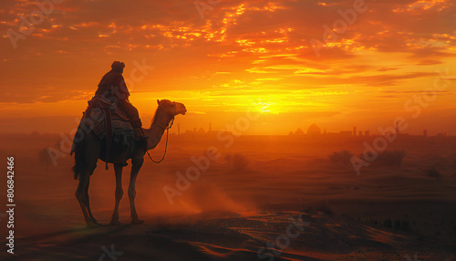 Recreation of touareg in camel in the desert at sunset arriving to a city
