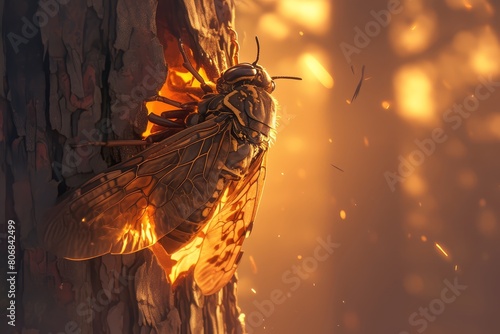 Close up of flying cicadas insect wings on a tree during the golden hour, with bokeh effects photo