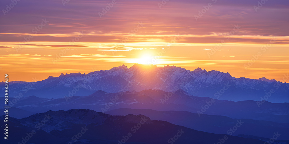 Sunrise over the Mountains, Majestic Dawn Sky with Sun Rising Above Mountain Peaks, Scenic Landscape in Morning Light, Tranquil Nature Scene, Generative AI

