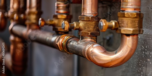 Copper Pipeline Details in Boiler Room, Industrial Heating System with Brass Valves