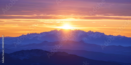 Sunrise over the Mountains, Majestic Dawn Sky with Sun Rising Above Mountain Peaks, Scenic Landscape in Morning Light, Tranquil Nature Scene, Generative AI