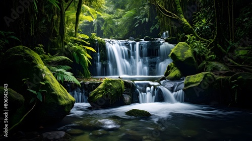 Panorama of beautiful waterfall in the rainforest. Beautiful nature scene.