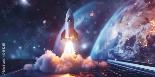 Conceptual Art of Rocket Launch from Laptop, Creative Space Exploration, Starry Sky Background