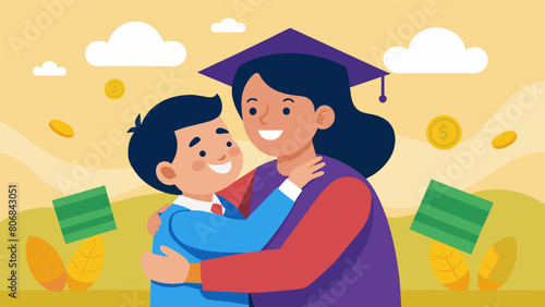 A parent and their child joyfully embrace as they celebrate the relief provided by the student loan tax deduction making higher education more. Vector illustration