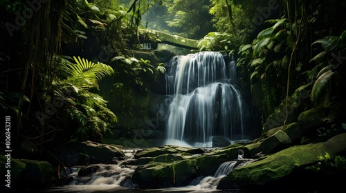 Beautiful waterfall in the forest. Panoramic image of a waterfall.