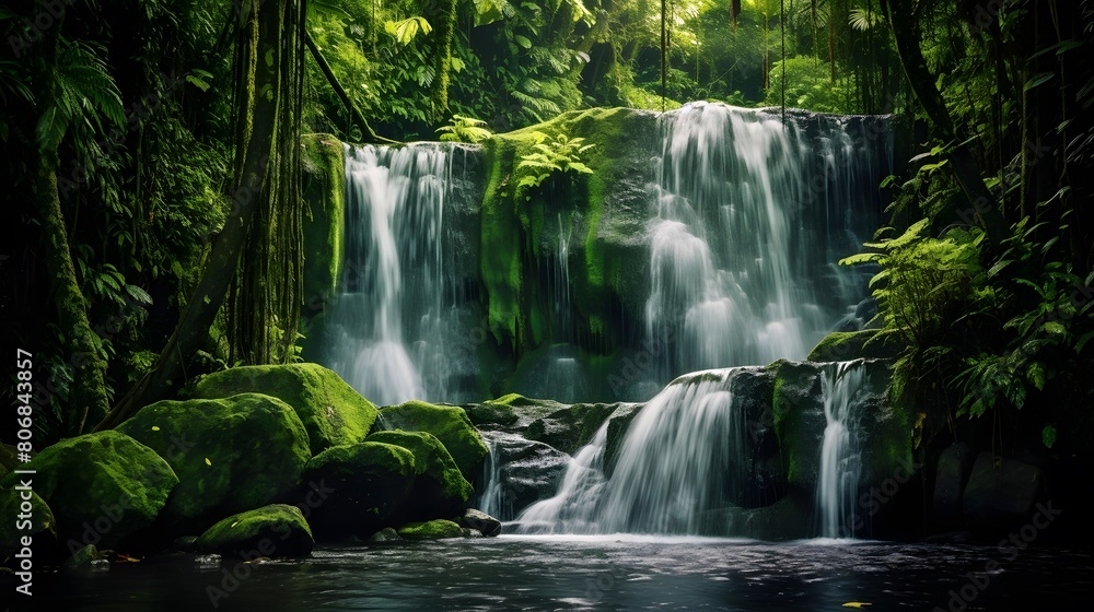 Panoramic view of beautiful waterfall in green forest, long exposure