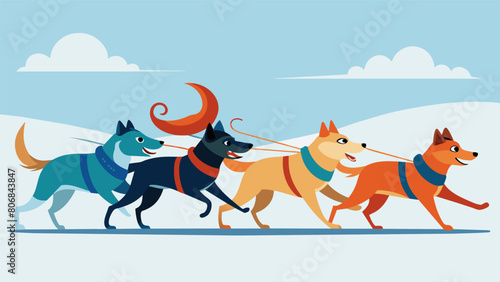 In a rush of fur and snow the skijoring dogs took off from the starting line their tails wagging in excitement.. Vector illustration