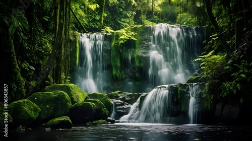 Panoramic view of beautiful waterfall in green forest  long exposure