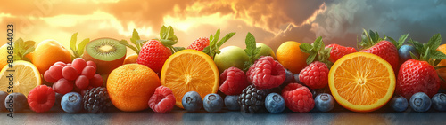 fresh fruits paradise. vibrant colors  such as shades of orange  yellow  and green  to represent the variety of fresh fruits in the Jam. images of nature  exotic fruits  and sunny skie  Generative AI