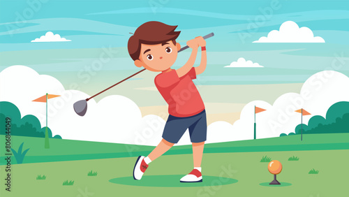 A young golfer intently focusing on their swing as they practice on the driving range at the youth athletic training camp.. Vector illustration