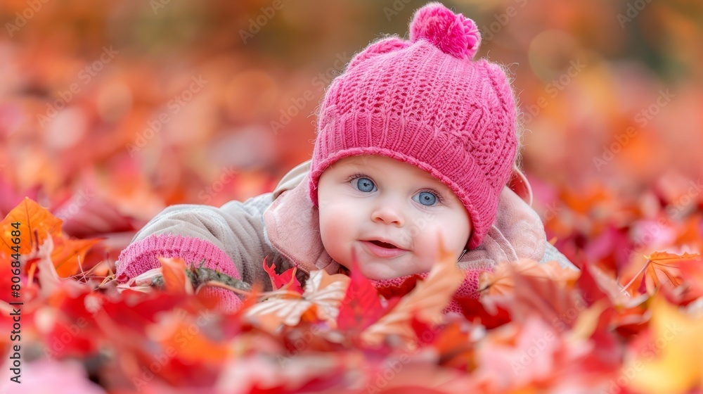 A baby in a pink knitted hat lies among autumn leaves, her hands resting atop her head A baby in a pink knitted hat lies among autumn leaves, her hands resting atop her head