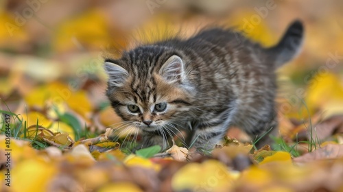   A tiny kitten navigates a field of yellow and brown leaves, interspersed with green grass © Mikus