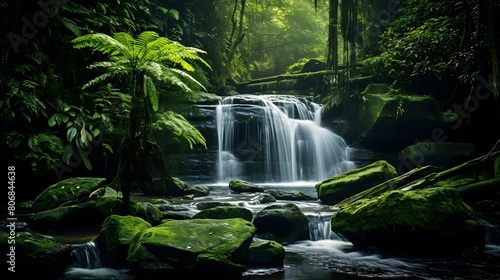 Waterfall in the forest. Long exposure. Panoramic image.