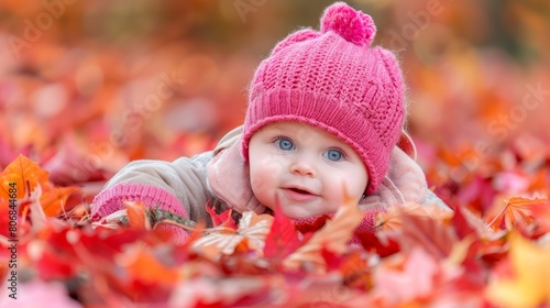   A baby in a pink knitted hat lies among autumn leaves  her hands resting atop her head