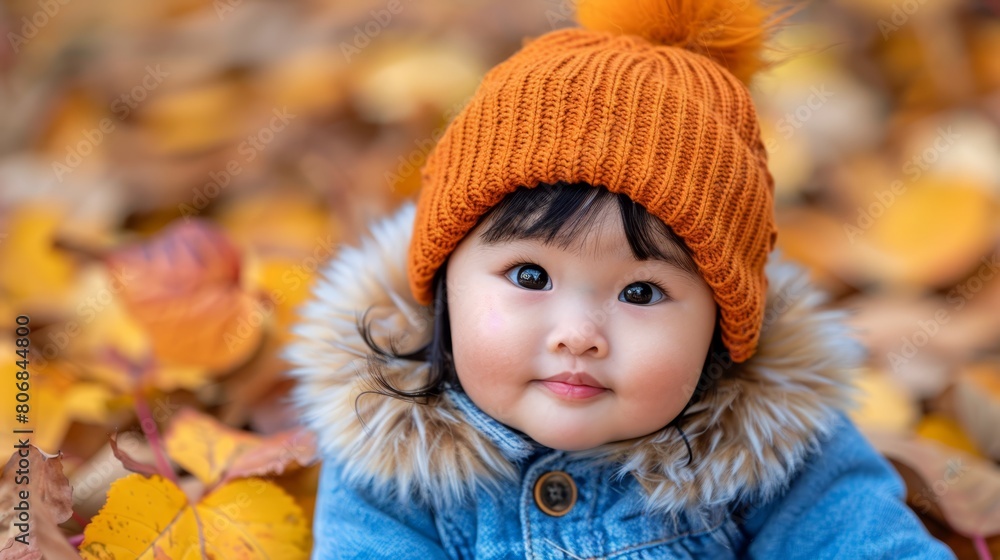 A child in a blue jacket wears an orange knit hat, featuring a fur pom-pom atop it A child in a blue jacket wears an orange knit hat, featuring a fur pom-pom atop it