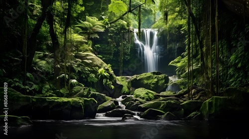 Panoramic view of a waterfall in a green forest. Long exposure