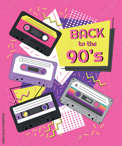 Back in the 90s. Banner with retro music cassettes. Nostalgia of the 90s. Invitation to a 90 s disco. Vector illustration
