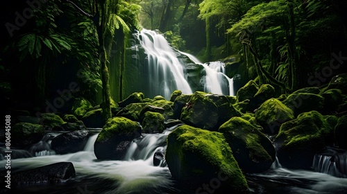 Panoramic image of a waterfall in the rainforest of New Zealand