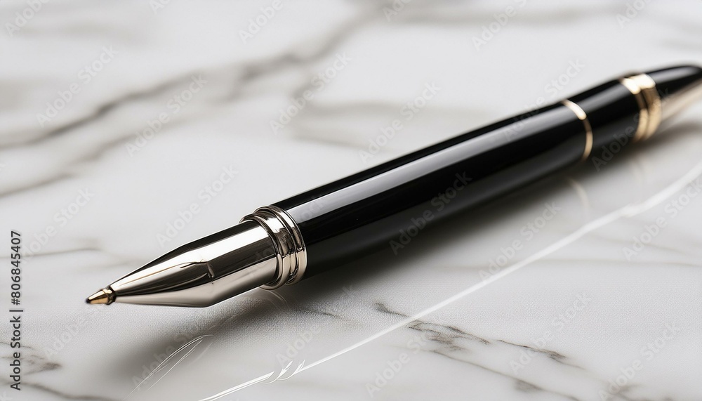 A sophisticated fountain pen with a matte black finish and silver accents, lying diagonally A sophisticated fountain pen with a matte black finish and silver accents, lying diagonally