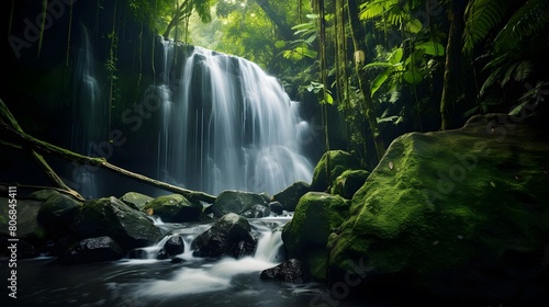 Panorama of beautiful waterfall in deep rainforest, Bali, Indonesia