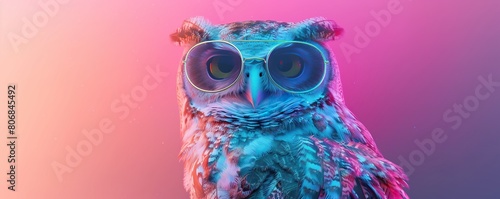 owl wearing sunglasses on a pink background