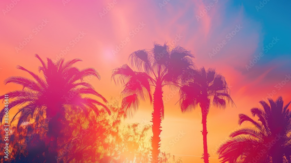 A breathtaking sunset scene with palm trees in the foreground, the sun setting in the background, casting a warm glow on the sky and creating a peaceful atmosphere AIG50