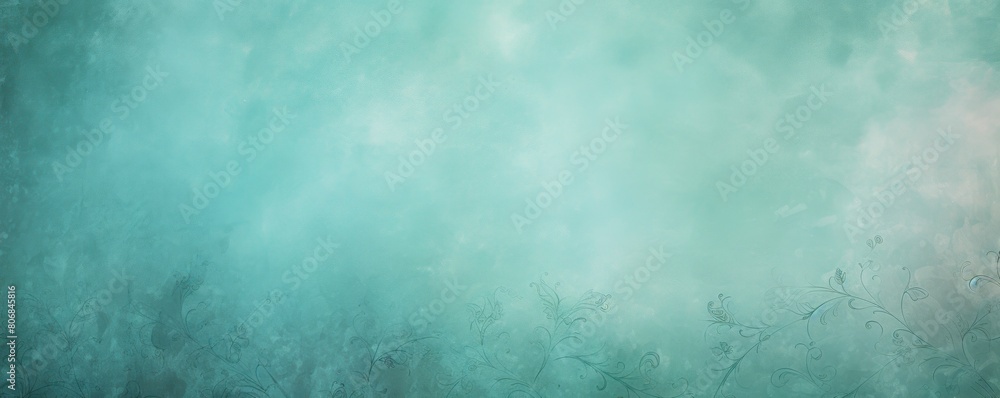 Teal soft pastel color background parchment with a thin barely noticeable floral ornament, wallpaper copy space, vintage design blank copyspace