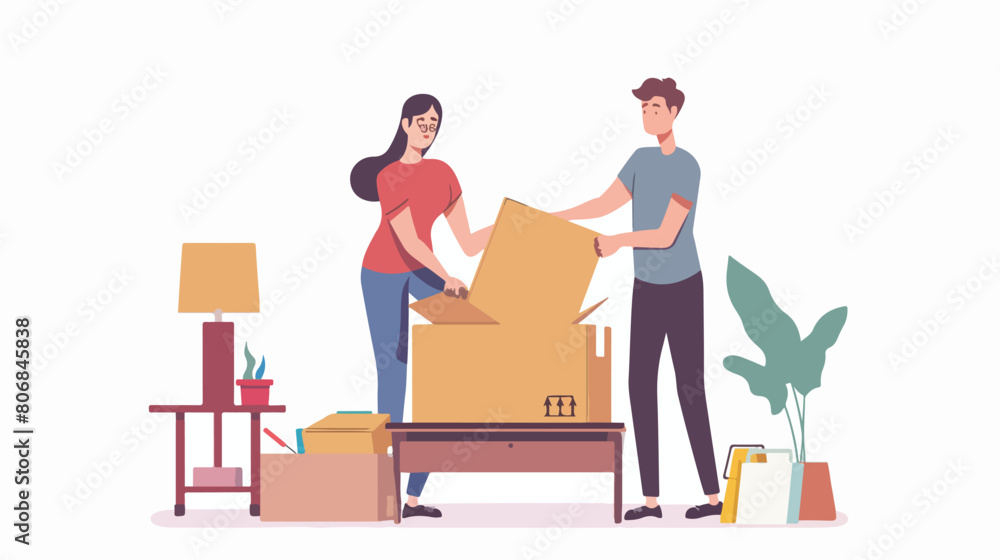 Young couple assembling furniture at home style
